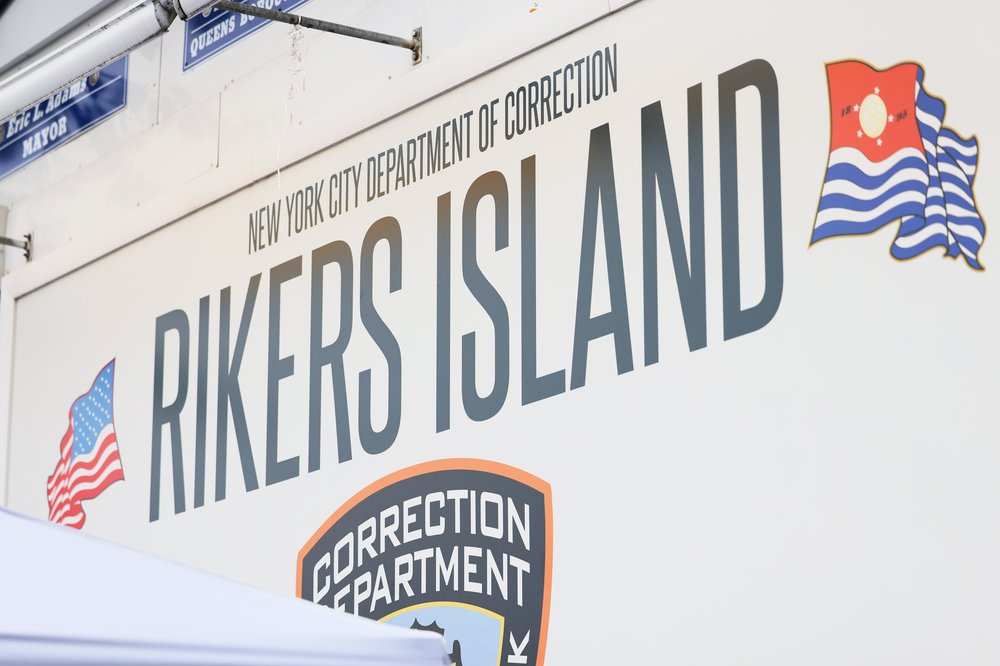 The Rikers Island jail sign is seen on October 24, 2022 in New York City.