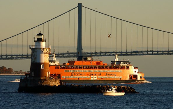 A boat passes in front of a bridge