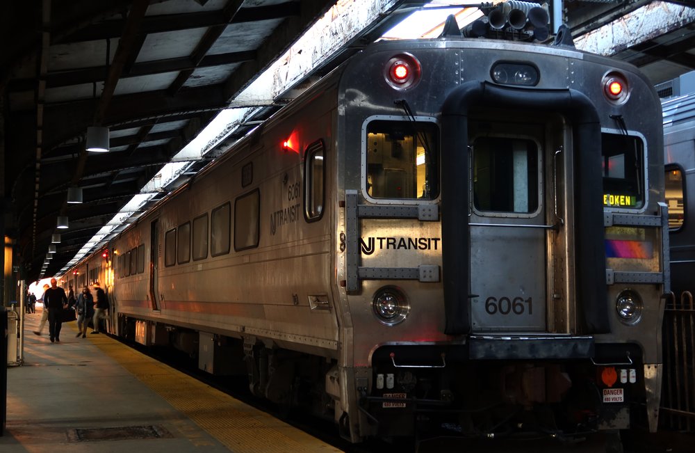 A New Jersey Transit train in a station in Hoboken.