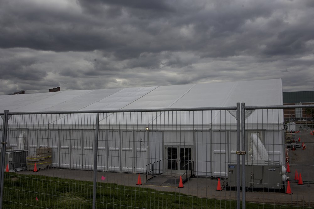 A temporary tent refugee center to house migrants on Randall's Island.