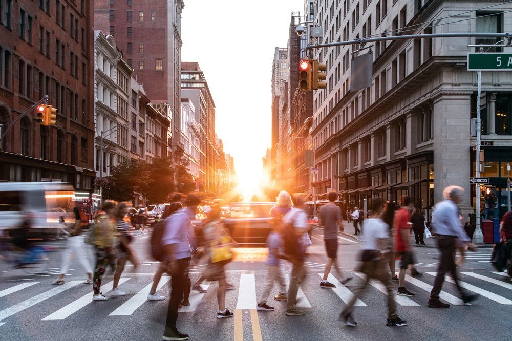 Pedestrians clog the streets in Manhattan