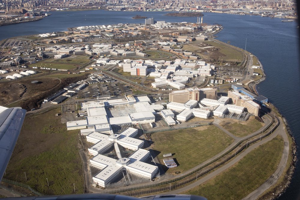 The Rikers Island jail complex is seen from a departing flight from LaGuardia Airport on Dec. 10, 2022.