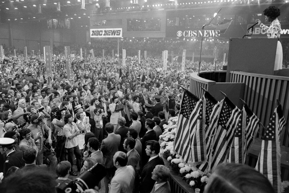 Shirley Chisolm speaks onstage at the 1972 Democratic National Convention in Miami.
