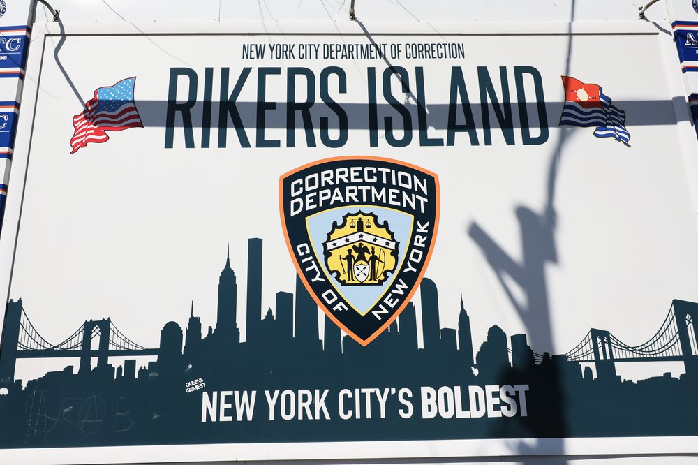 The Rikers Island jail sign is seen on March 07, 2023.