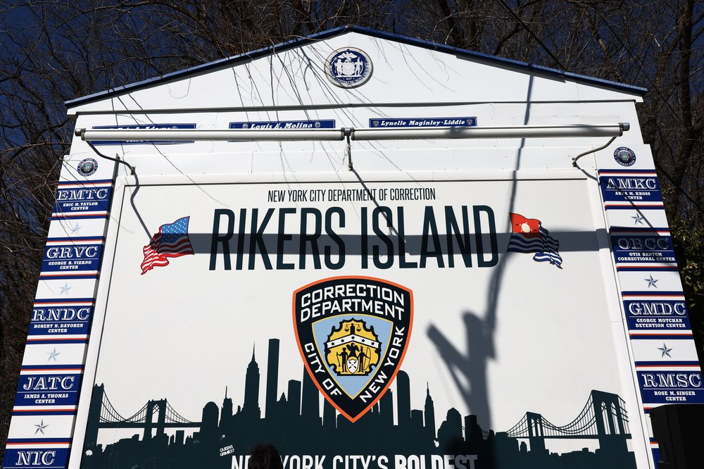 The Rikers Island jail sign is seen on March 7, 2023 in New York City.