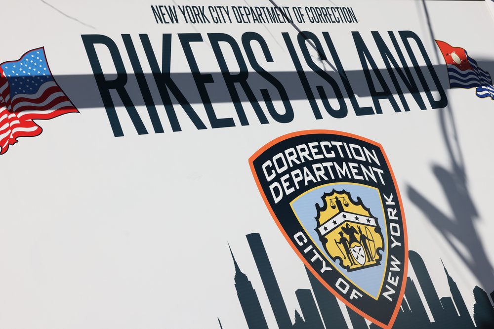 The Rikers Island jail sign is seen in New York City on March 7, 2023.