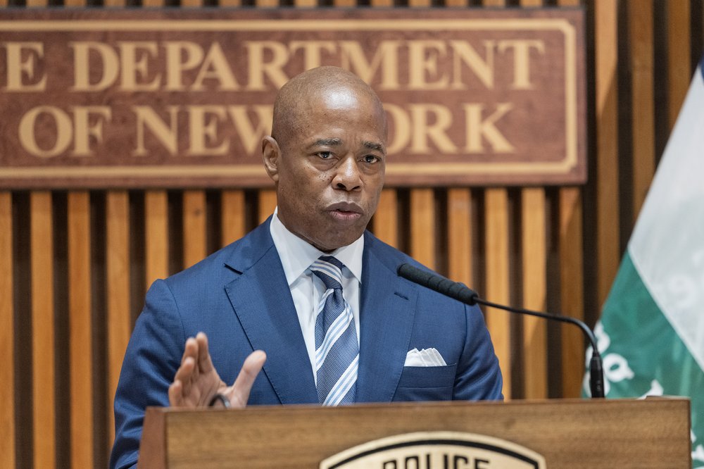 Mayor Eric Adams speaks at public safety announcement at NYPD headquarters in July 2023.