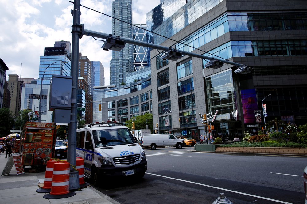 Toll gantries on a Manhattan street.