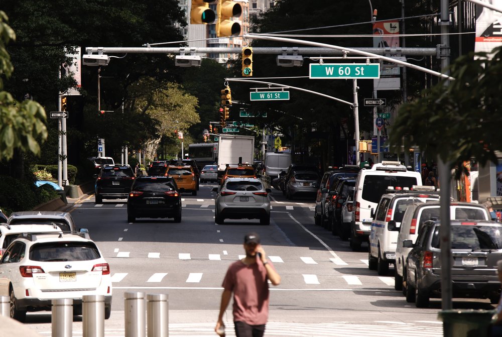 Toll gantries on a Manhattan street.