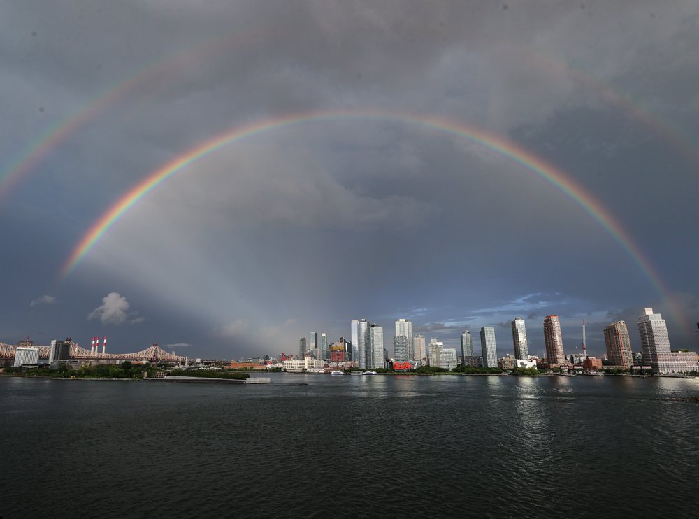 A rainbow appears over New York City on Monday, Sept. 11, 2023.