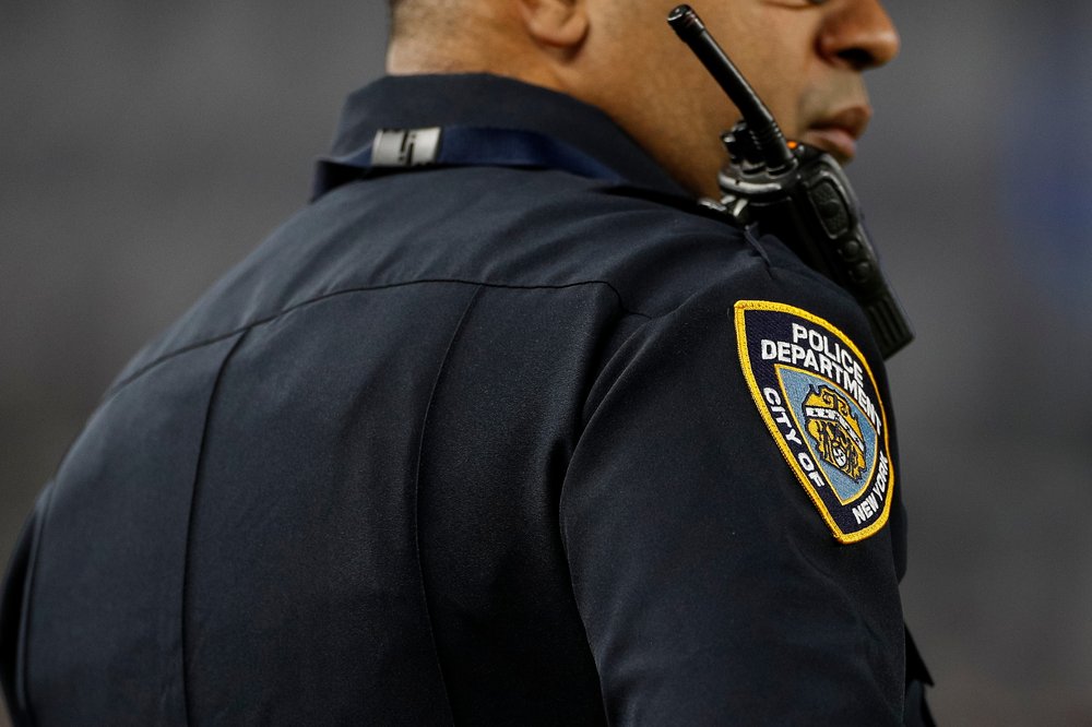 A New York City Police Department (NYPD) patch is seen on an officer's uniform on September 22, 2023.