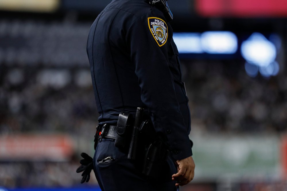 A New York City Police Department (NYPD) patch is seen on an officer's uniform during a regular season game between the Arizona Diamondbacks and New York Yankees on September 22, 2023 at Yankee Stadium in the Bronx, New York.