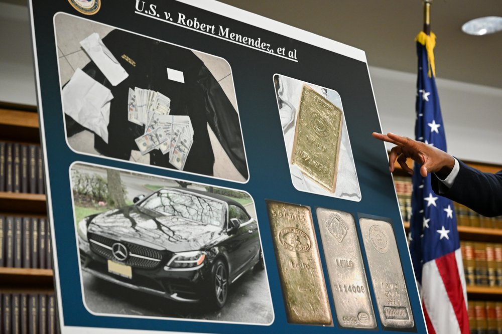Photos of gold bars, cash and a luxury car.