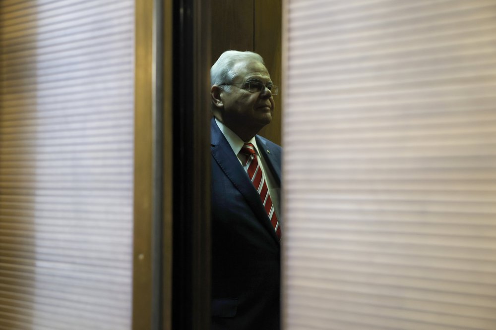 Sen. Bob Menendez stands in an elevator after leaving his office in the Hart Senate Office Building on Sept. 28, 2023.