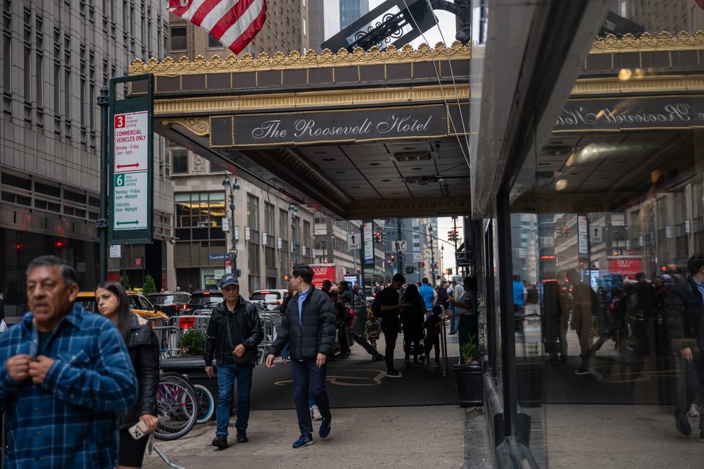 The Roosevelt Hotel in Midtown Manhattan is serving as the city's main intake center for recently arrived migrants.