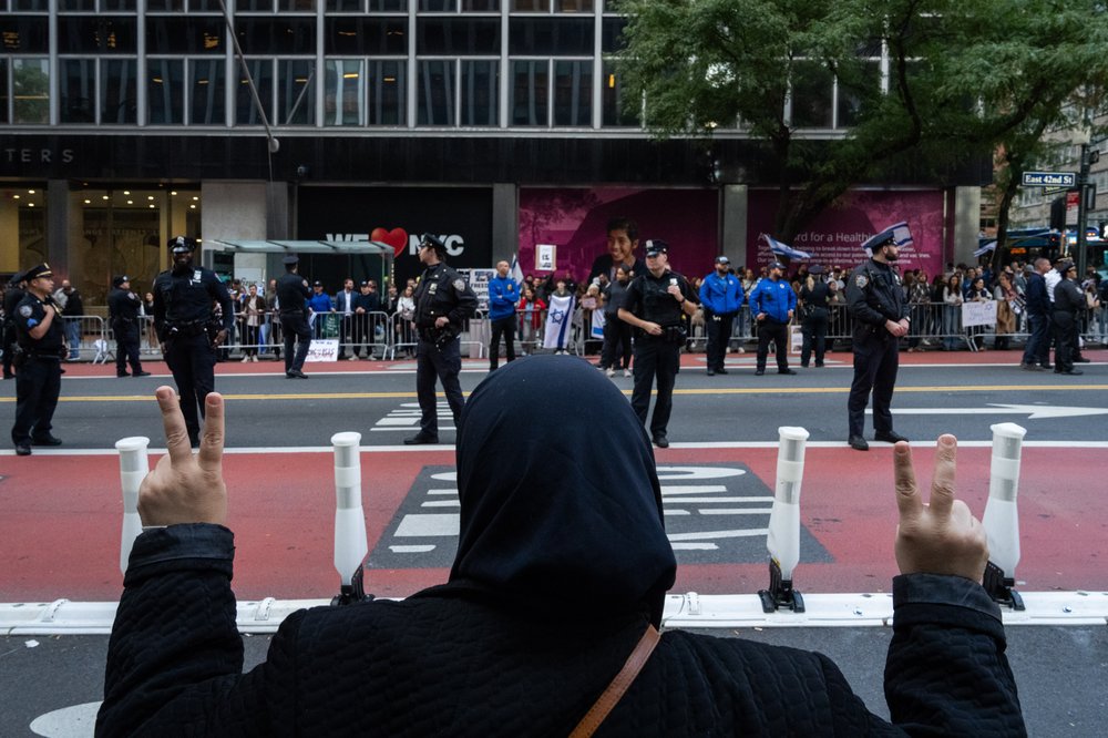 Person at pro-Palestinian rally in Times Square 10.8.2023