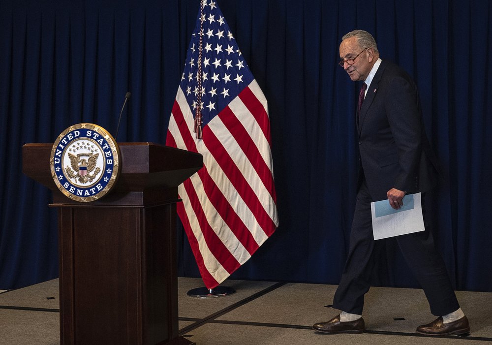 Senate Majority Leader Chuck Schumer arrives at a news conference on Oct. 9, 2023 in Beijing, China. The senator was on a separate trip on Sunday, Oct. 15, when he and a bipartisan group of senators were rushed to a shelter in Tel Aviv to wait out a rocket attack from Hamas.