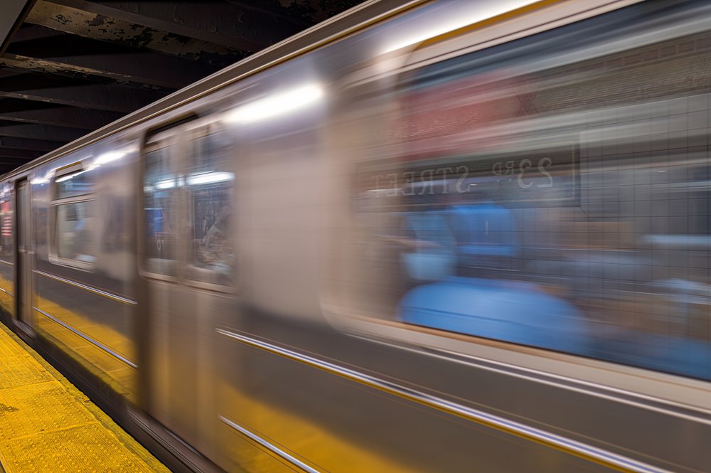 A subway train makes its way through Manhattan.