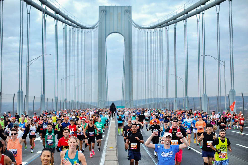Runners cross the Verrazano Bridge before competing in the 52nd Edition of the New York City Marathon on November 5, 2023.