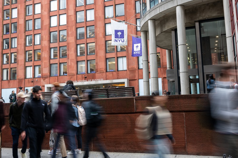 People walk along the New York University campus in Manhattan.