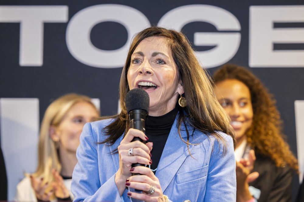 New Jersey First Lady Tammy Murphy addresses a crowd of fans at the homecoming celebration for the National Women's Soccer League Champions event at Red Bull Arena on Nov. 20, 2023 in Harrison, New Jersey. Murphy is club chair of NJ/NY Gotham FC.