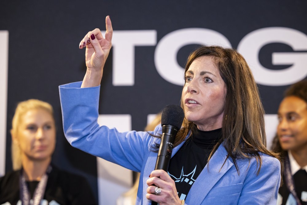 Tammy Murphy, first lady of New Jersey and club chair of NJ/NY Gotham FC, addresses fans during the homecoming celebration for the 2023 NWSL Champions event at Red Bull Arena on Nov. 20, 2023 in Harrison, N.J.