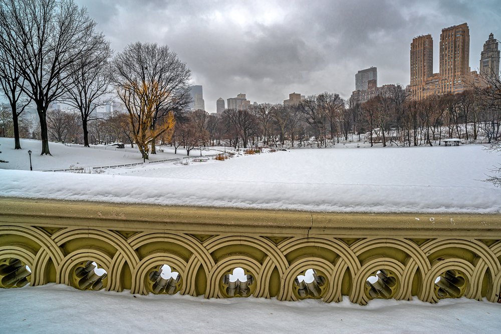 Snow covers the Bow Bridge in Central Park in Manhattan after a recent snowstorm.