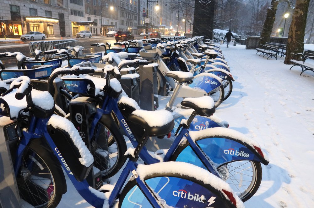 A Citi Bike station covered in snow in Manhattan on Jan. 16, 2024.