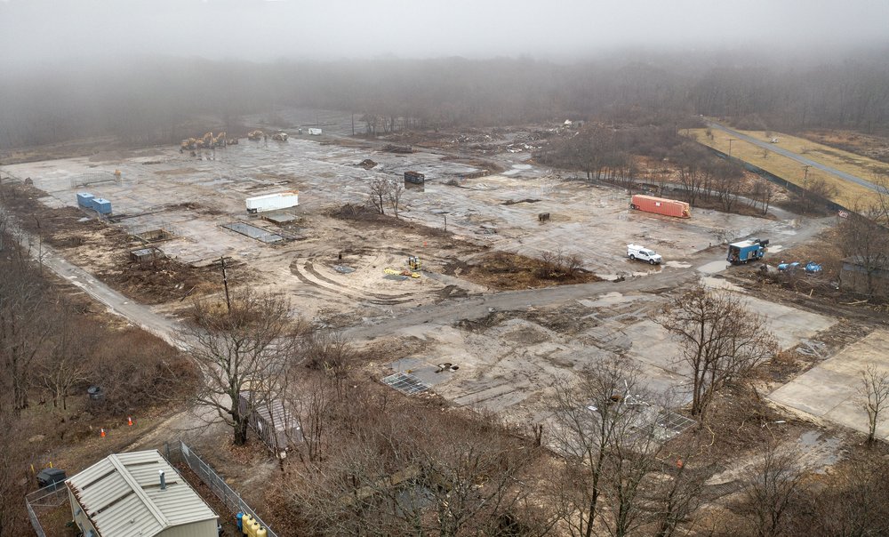 An overhead shot of a former industrial site.
