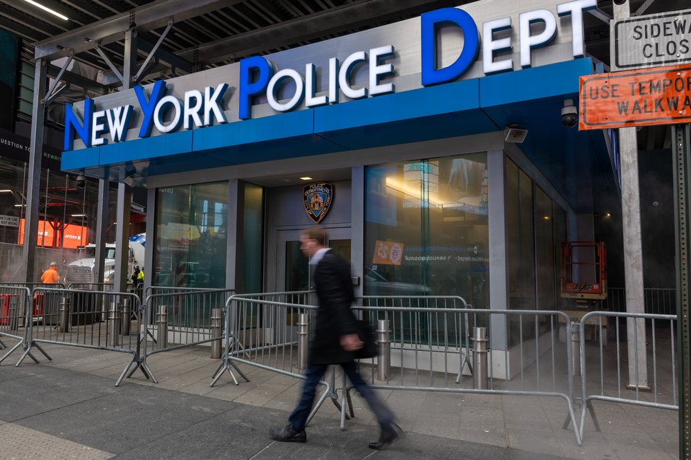 A NYPD police precinct stands in Times Square on January 31, 2024.
