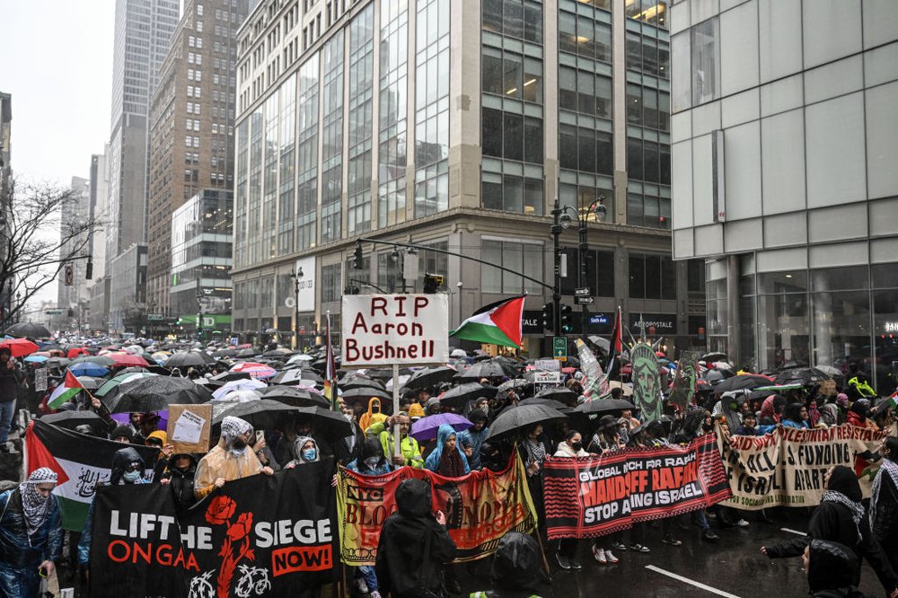 Pro-Palestinian protesters demonstrate on a street in Manhattan on March 2, 2024.
