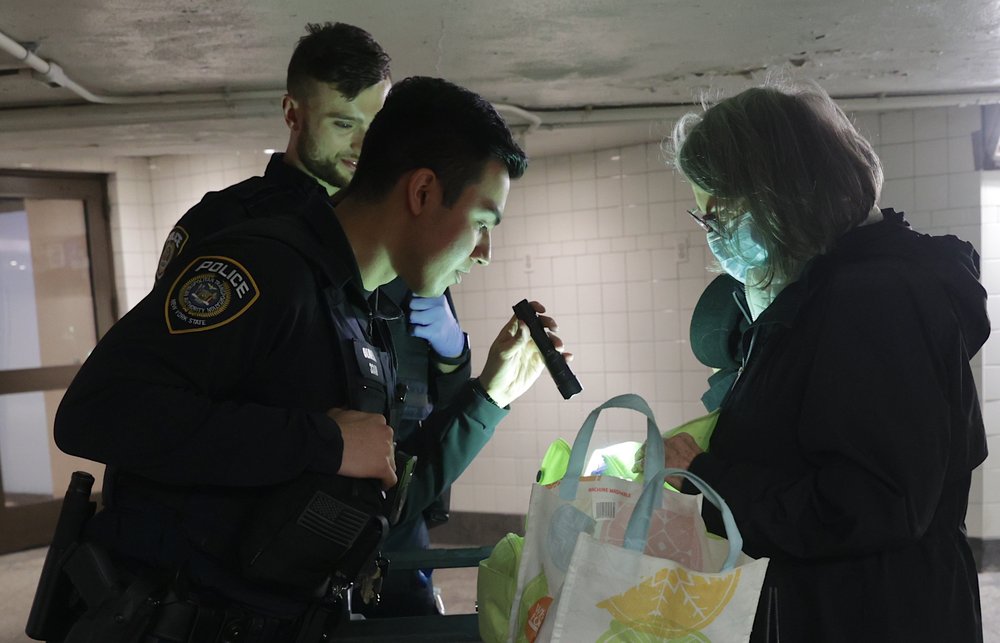 Members of the National Guard check bags at the subway station in New York, US, on March 6, 2024.