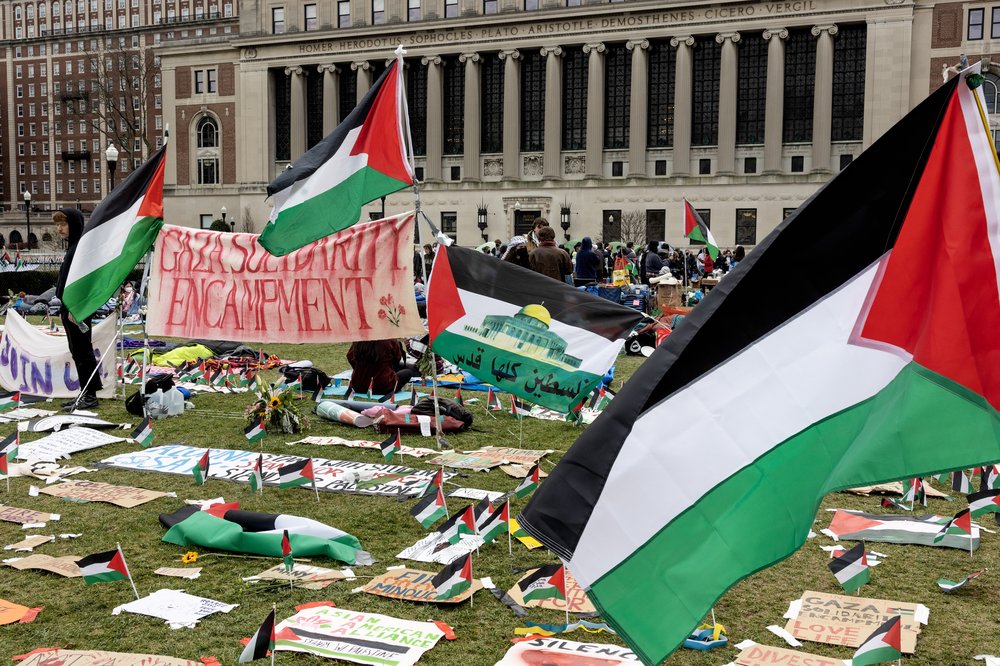 Pro-Palestinian students occupy a central lawn on the Columbia University campus in April 2024.