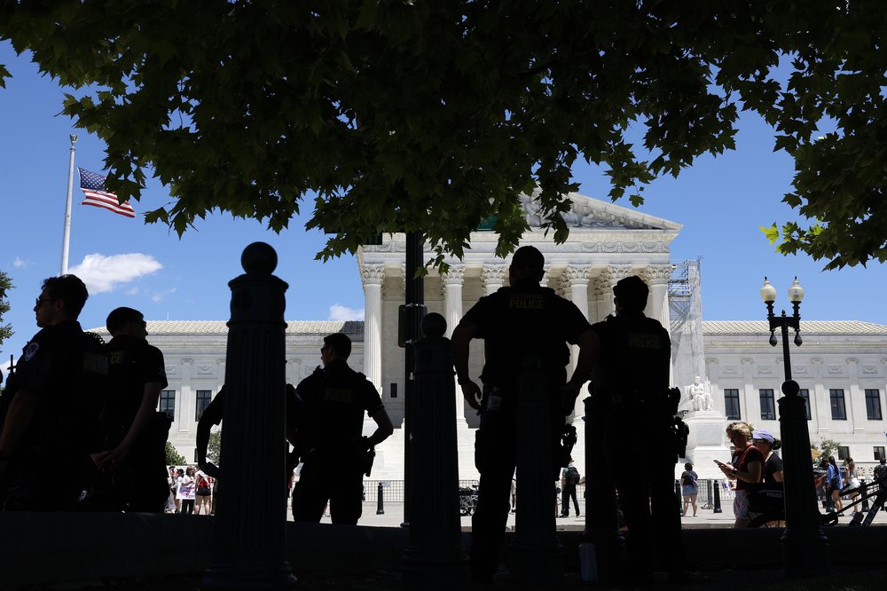 Abortion rights protesters outside of the U.S. Supreme Court on June 24, 2024.