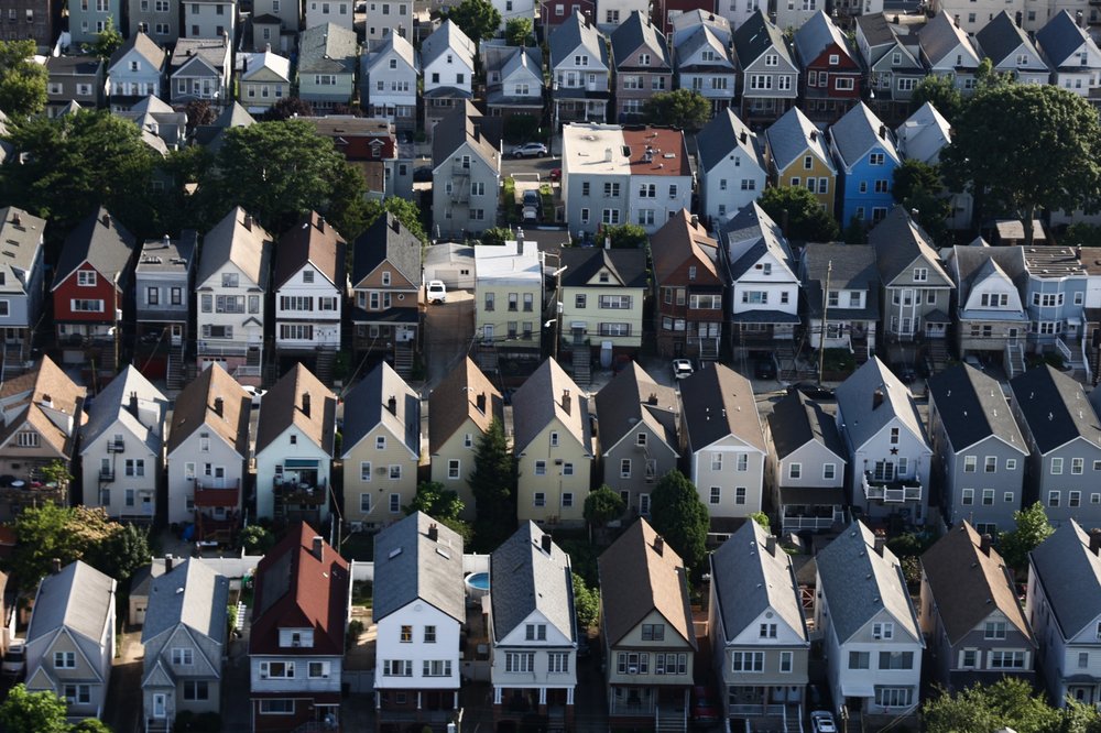 An aerial view of houses.