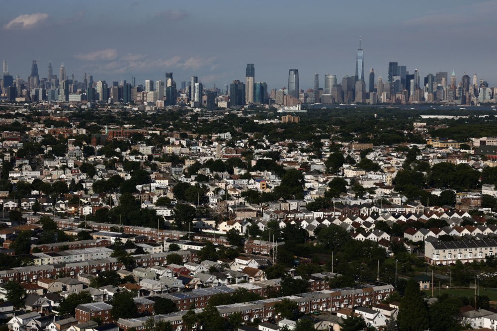 An aerial view of Manhattan from Jersey City.
