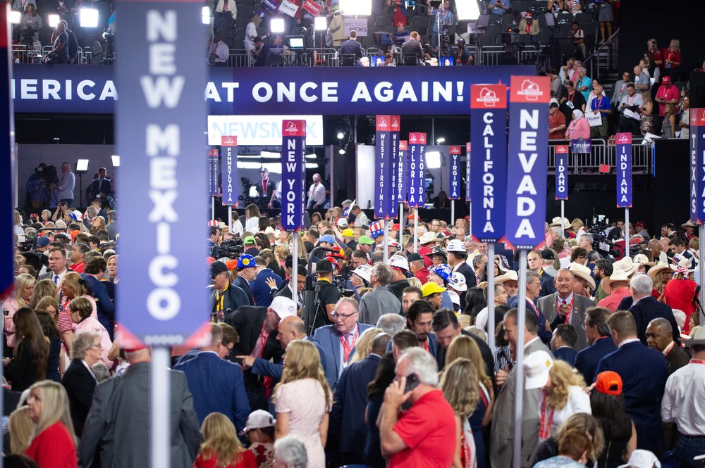 Signs at the Republican National Convention read "NEW YORK" and other states
