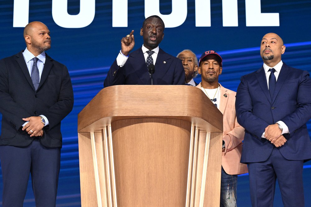 New York City Councilmember Yusef Salaam speaks alongside other members of the exonerated "Central Park Five" group at the Democratic National Convention in Chicago on Aug. 22, 2024.