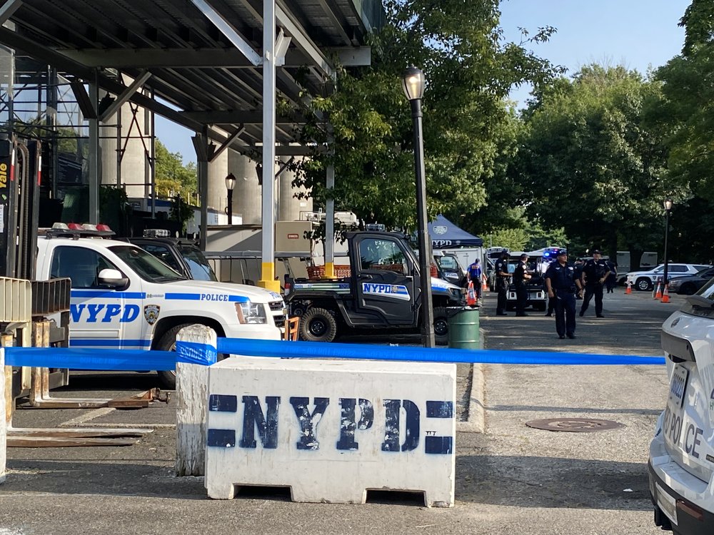 NYPD vehicles and officers set up security near the Billie Jean King National Tennis Center ahead of the US Open.