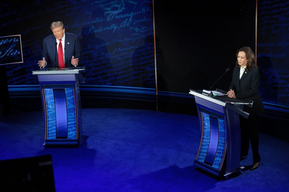 Vice President Kamala Harris and former President Donald Trump on stage during their debate in September.