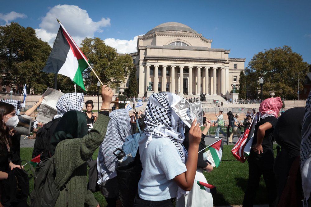 Pro-Palestinian demonstrators march through Columbia University's campus in Morningside Heights on Oct. 7, 2024.