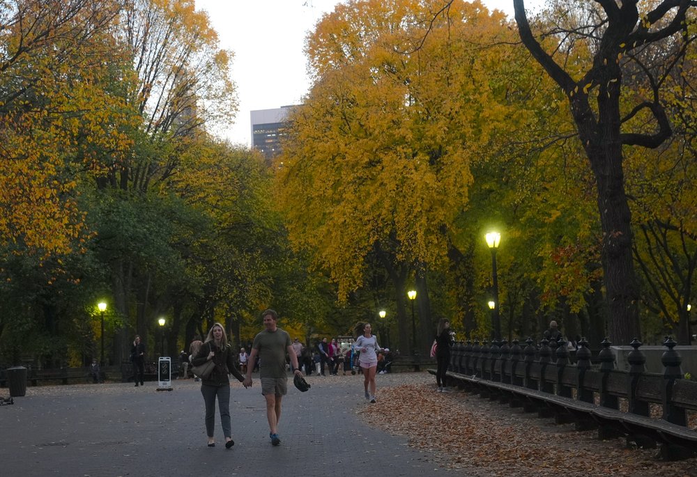 People walk in Central Park as the leaves turn brown and yellow during autumn in New York City.