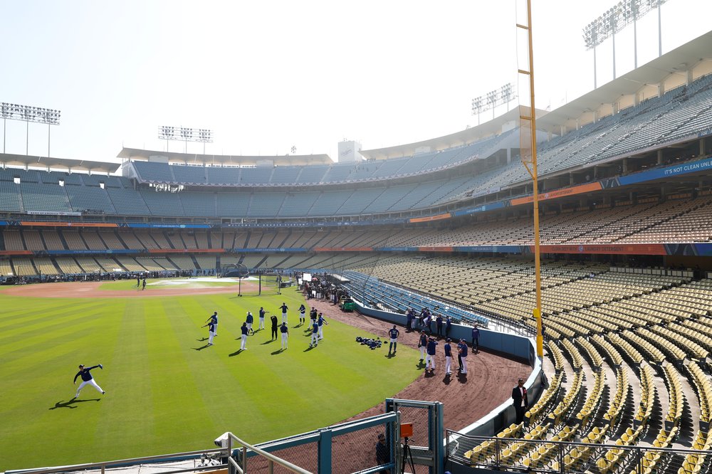 A general view inside the stadium during Los Angeles Dodgers warmups prior to Game 1 of the 2024 World Series between the New York Yankees and the Los Angeles Dodgers at Dodger Stadium on Friday, October 25, 2024 in Los Angeles, California. (Photo by Michael Owens/MLB Photos via Getty Images)
