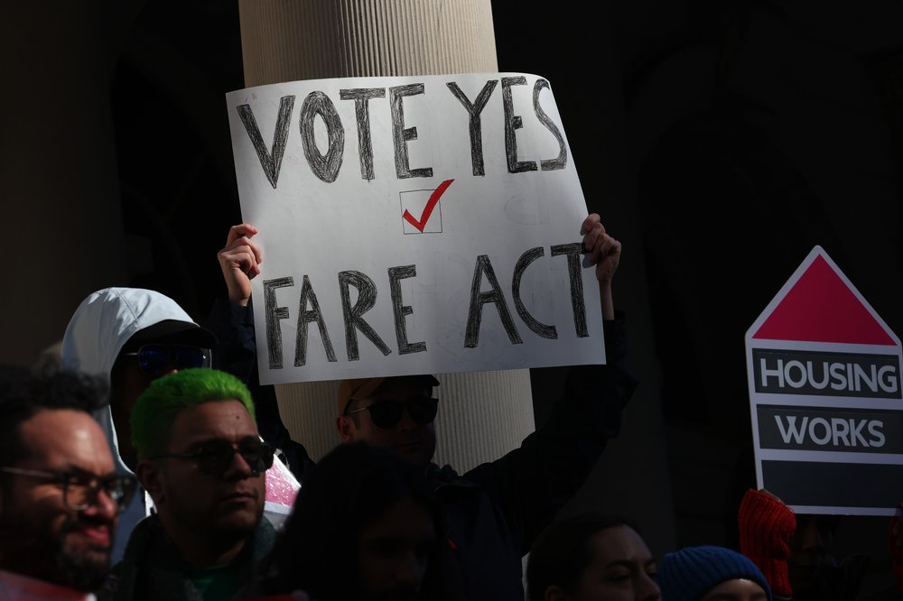 People gather at the steps of City Hall for a rally ahead of a City Council meeting on November 13, 2024 in New York City.