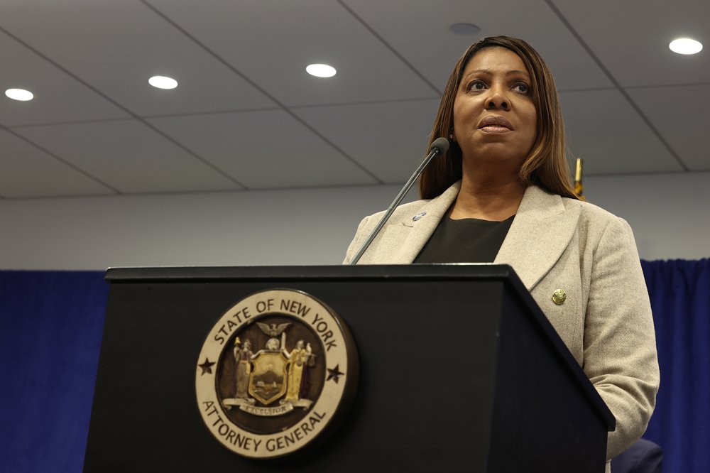 New York State Attorney General Letitia James at a podium
