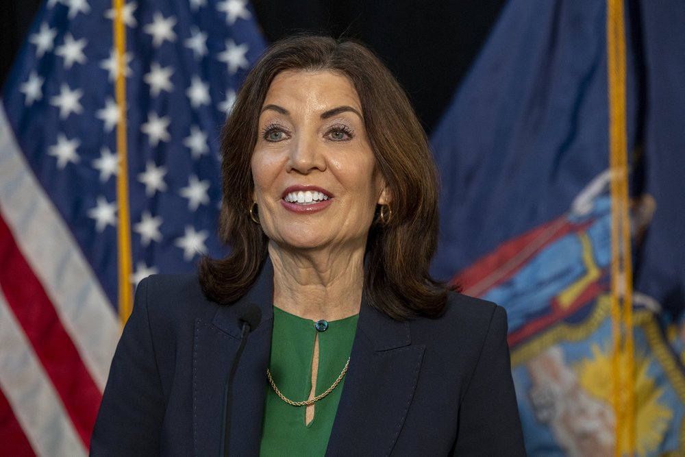 New York Gov. Kathy Hochul speaks at a middle school in Westbury, New York, on Jan. 10, 2024.