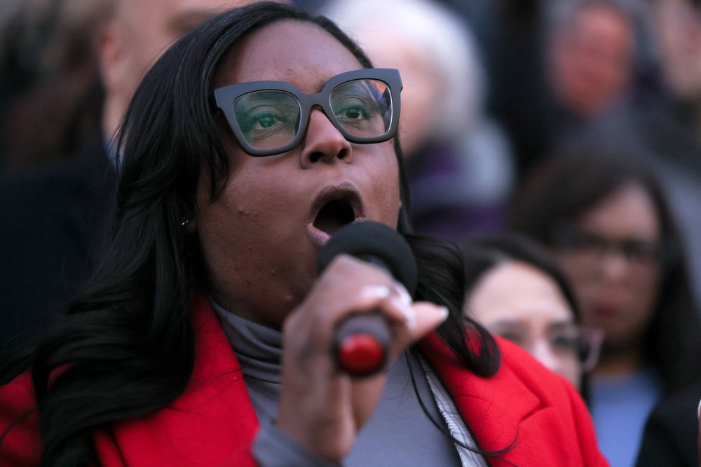 Rep. LaMonica McIver speaks during the We Choose To Fight: Nobody Elected Elon rally at the U.S. Department Of The Treasury on Feb. 4, 2025