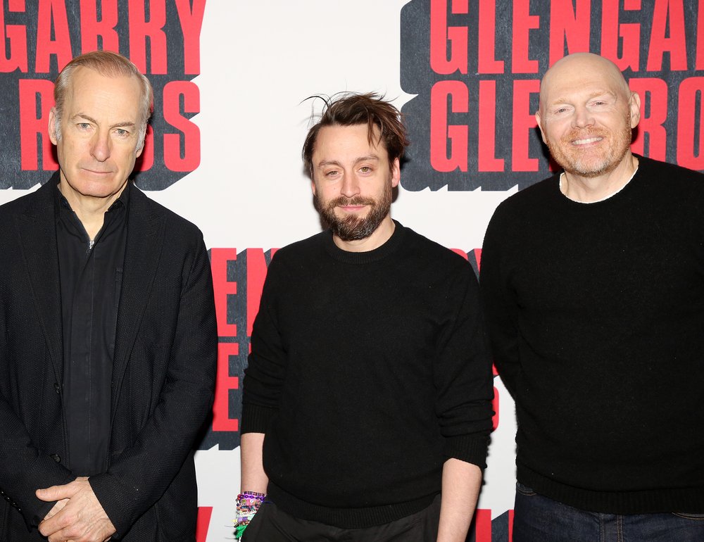 Bob Odenkirk, Kieran Culkin and Bill Burr star stand in front of a sign for "Glengarry Glen Ross."