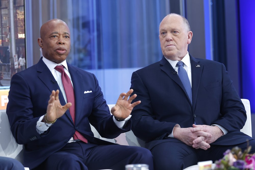 New York City Mayor Eric Adams and President Donald Trump's "border czar" Tom Homan appear in the Manhattan studio of "Fox & Friends" on Feb. 14, 2025.