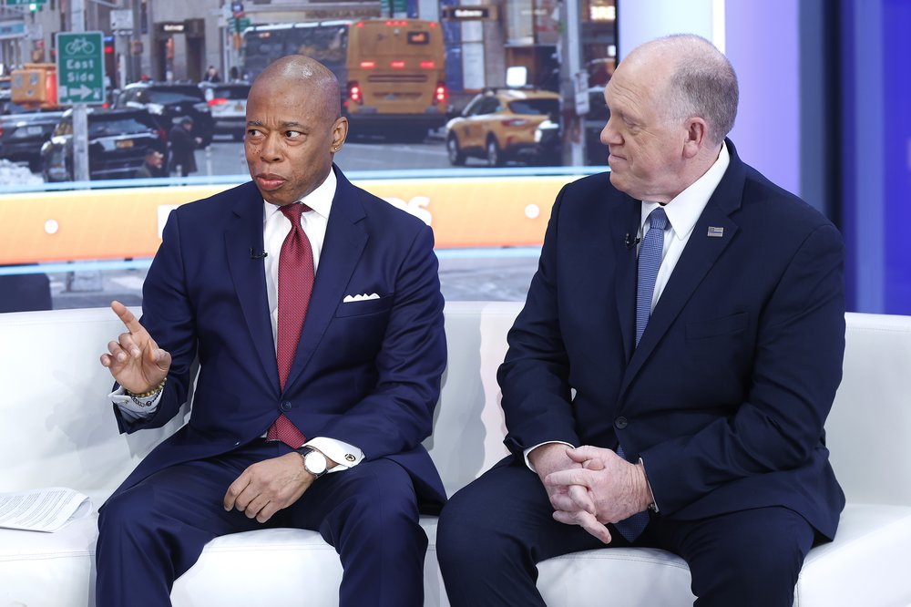 New York City Mayor Eric Adams and Tom Homan, director of U.S. Immigration and Customs Enforcement, visit "Fox & Friends" at the Fox News Channel Studios on Feb. 14, 2025 in New York City.